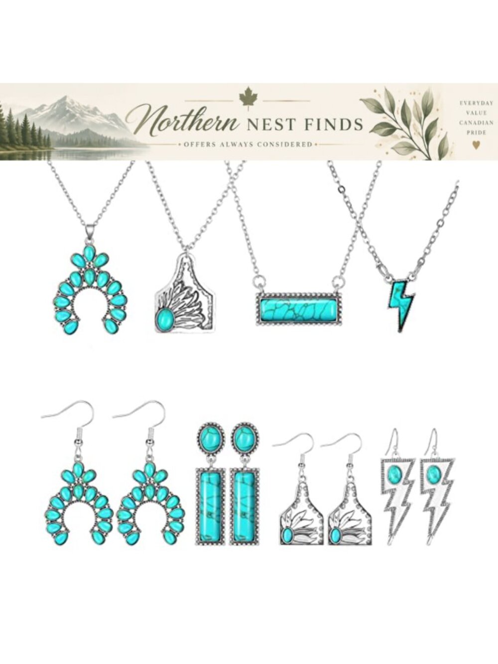 Turquoise Jewelry Set 8 Pc Necklaces & Earrings Western Boho Stainless Steel